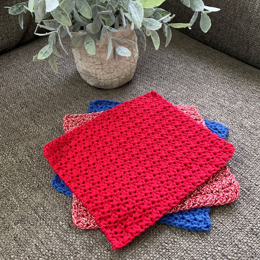 Handmade Crochet Cotton Spa Washcloth Dishcloth Patriotic Set of 3